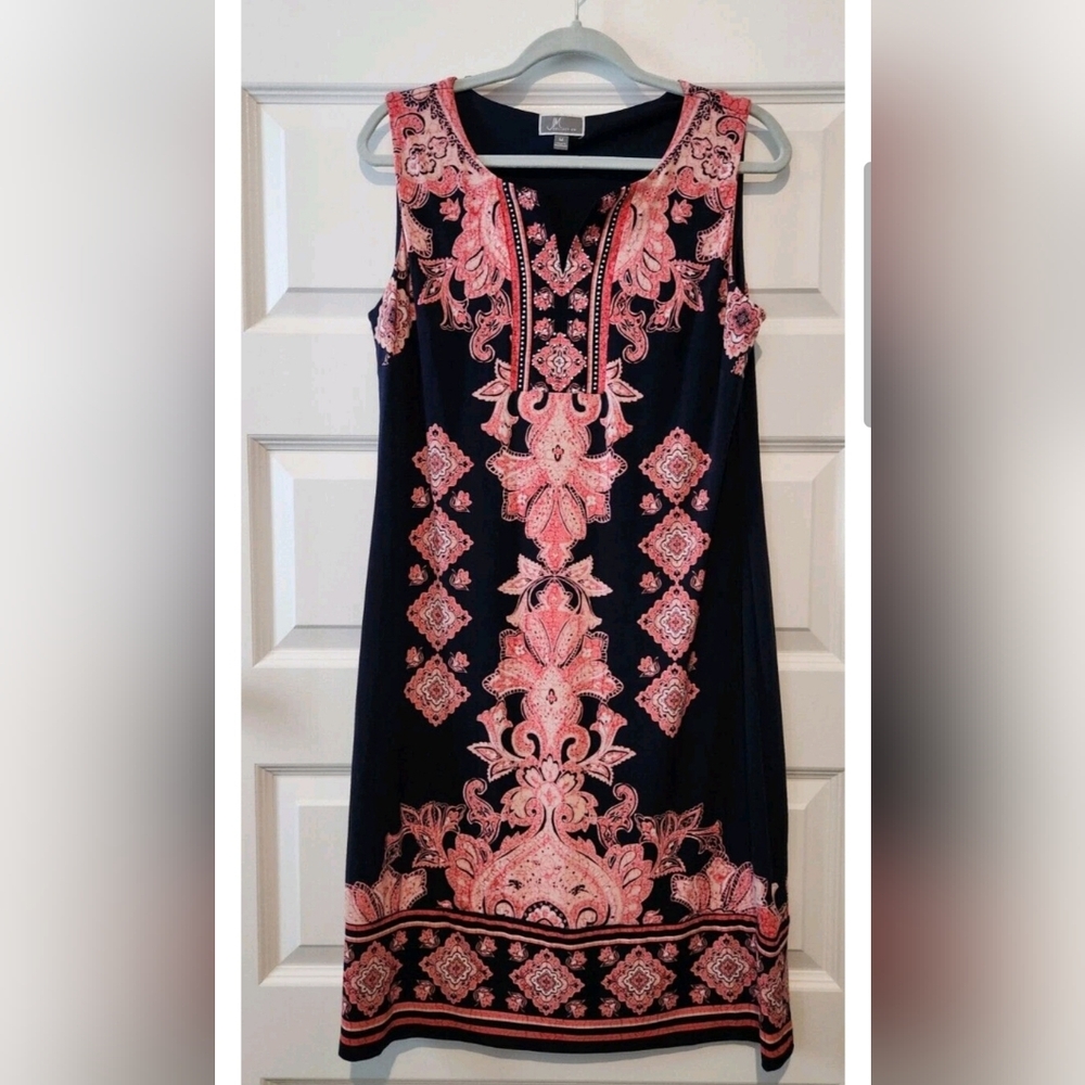 JM Collection Navy and Pink Patterned Midi Dress